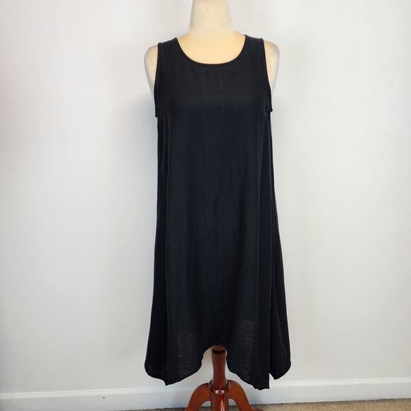 For Cynthia Black Linen Blend Dress Size M Sleeveless Asymmetric Hem Coastal - Picture 1 of 12